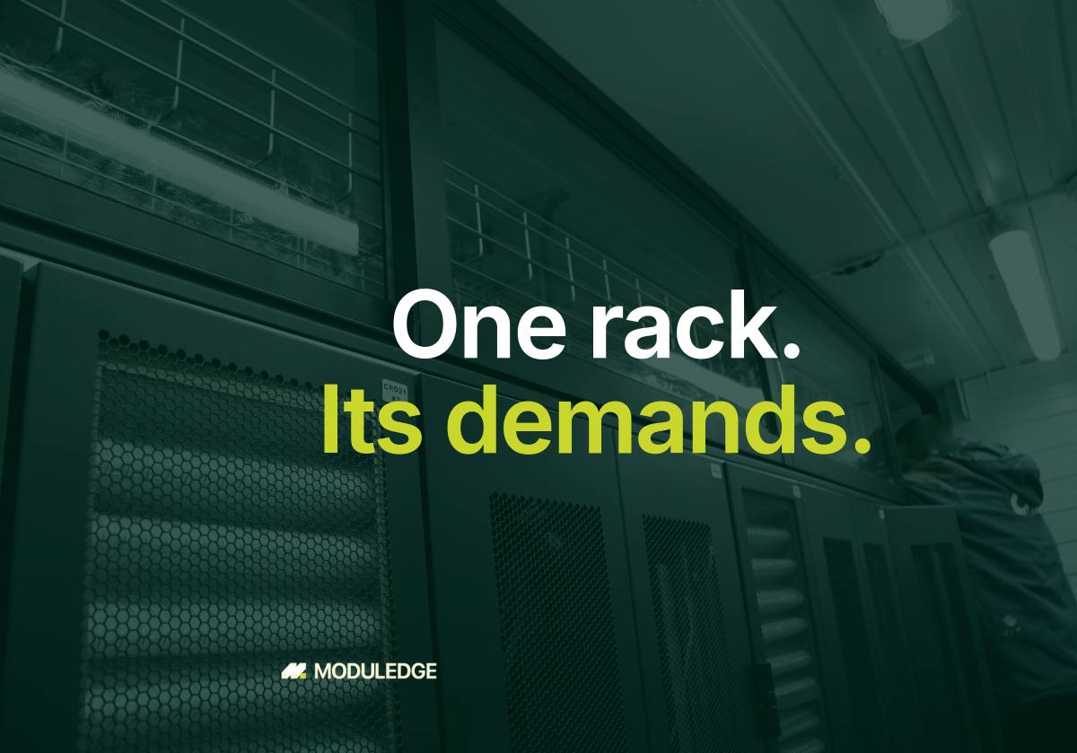 Server cabinets and overhead cable trays inside a modular data-center room, with the headline "One rack. Its demands."