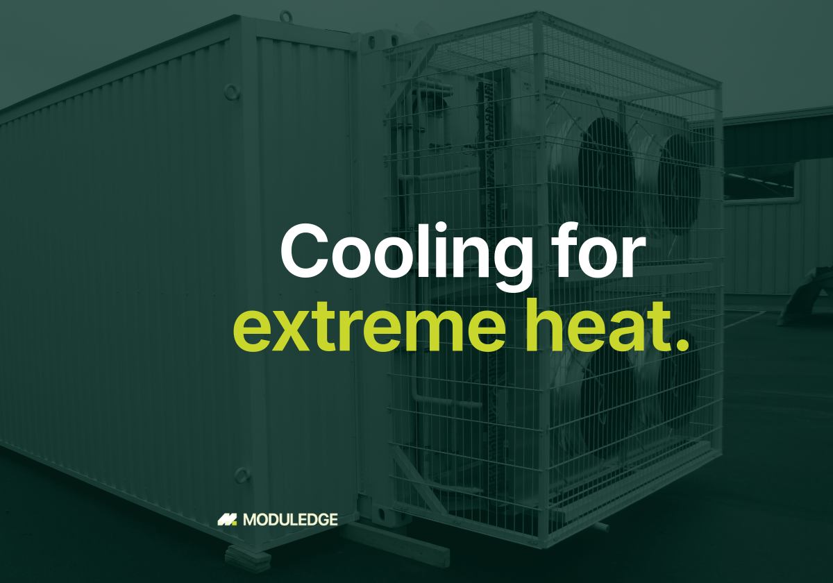 Container-mounted multi-fan cooling assembly behind a protective cage, with the headline "Cooling for extreme heat."