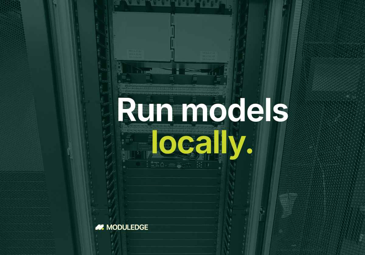 Open server rack with network equipment and patching, with the headline "Run models locally."