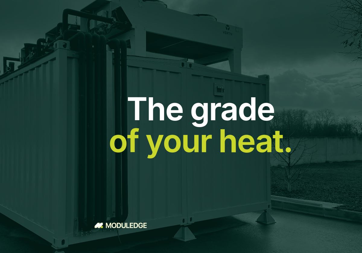 Modular data-center enclosure outdoors on an overcast day, with the headline "The grade of your heat."