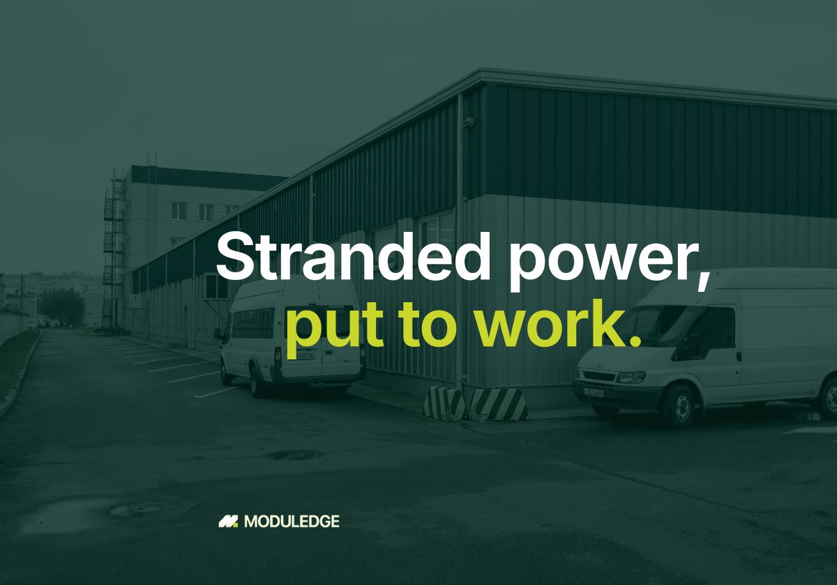 Blue-and-white industrial manufacturing building, with the headline "Stranded power, put to work."
