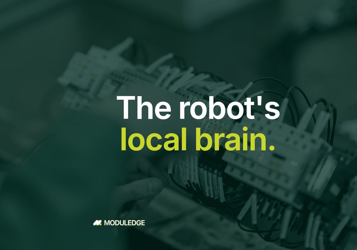 Close-up of hands assembling a small electrical component, with the headline "The robot's local brain."