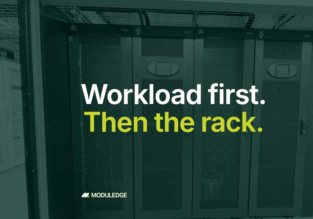 Row of server racks inside a modular data-center room, with the headline "Workload first. Then the rack."