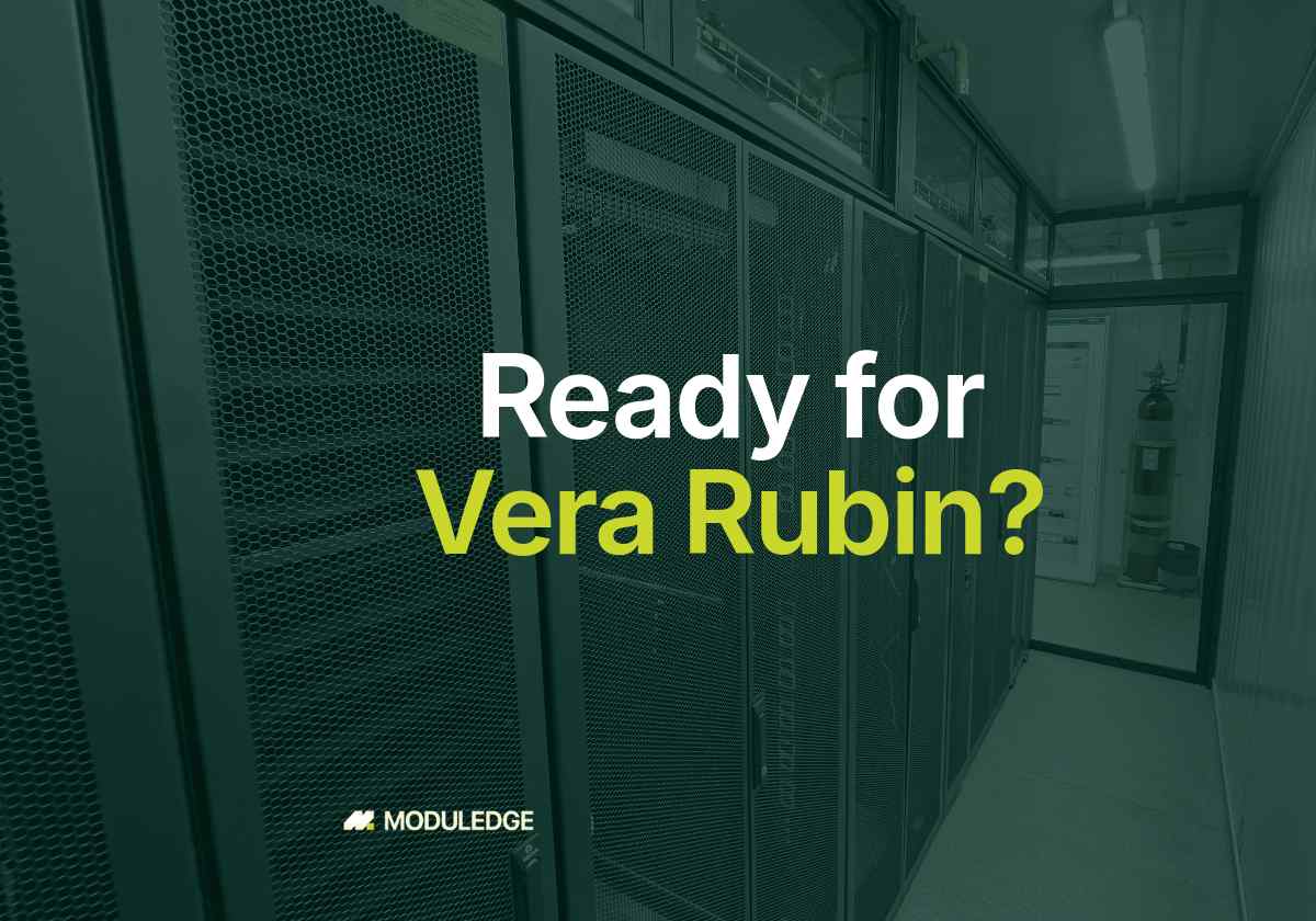 Aisle of server cabinets inside a white modular data-center room, with the headline "Ready for Vera Rubin?"