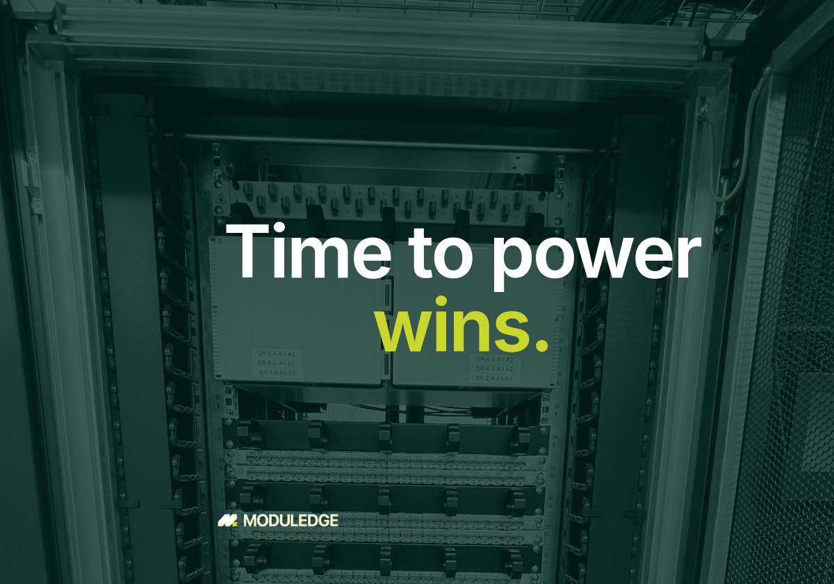 Open server rack with network equipment and patching, with the headline "Time to power wins."