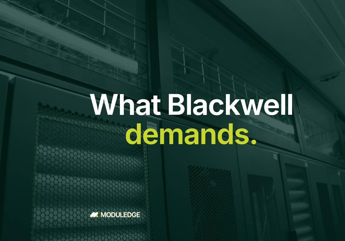Server cabinets and overhead cable trays inside a modular data-center room, with the headline "What Blackwell demands."