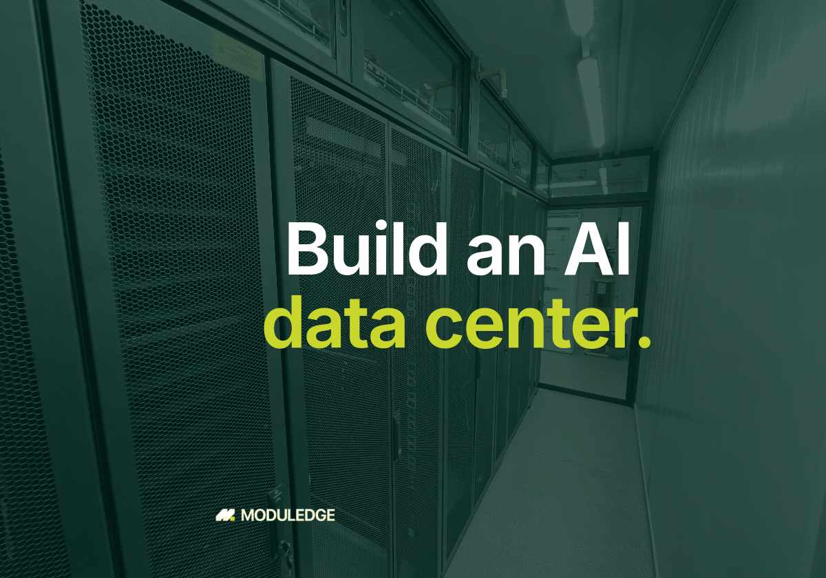 Aisle of server cabinets inside a white modular data-center room, with the headline "Build an AI data center."