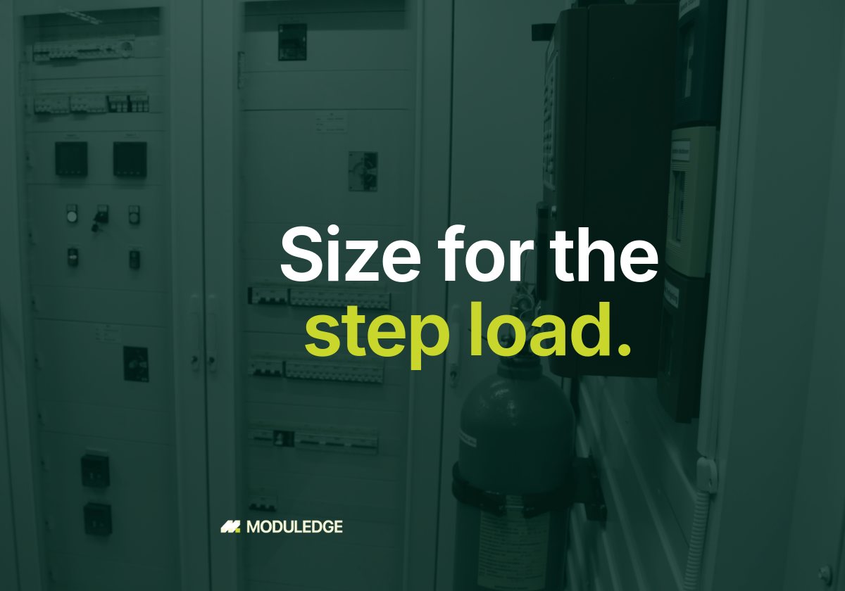 Electrical cabinet and fire-protection equipment inside a modular data-center room, with the headline "Size for the step load."