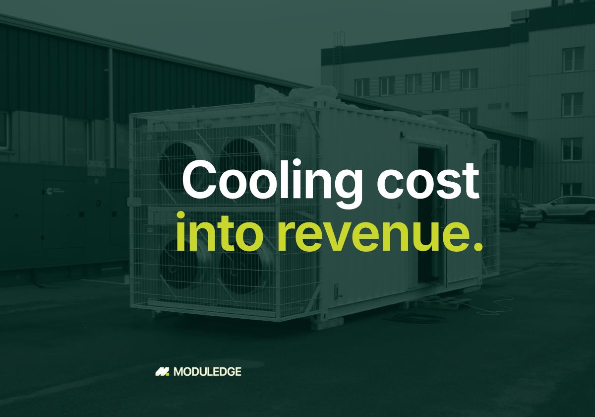Modular data-center container with a caged external fan cooling assembly and a generator set outdoors, with the headline "Cooling cost into revenue."
