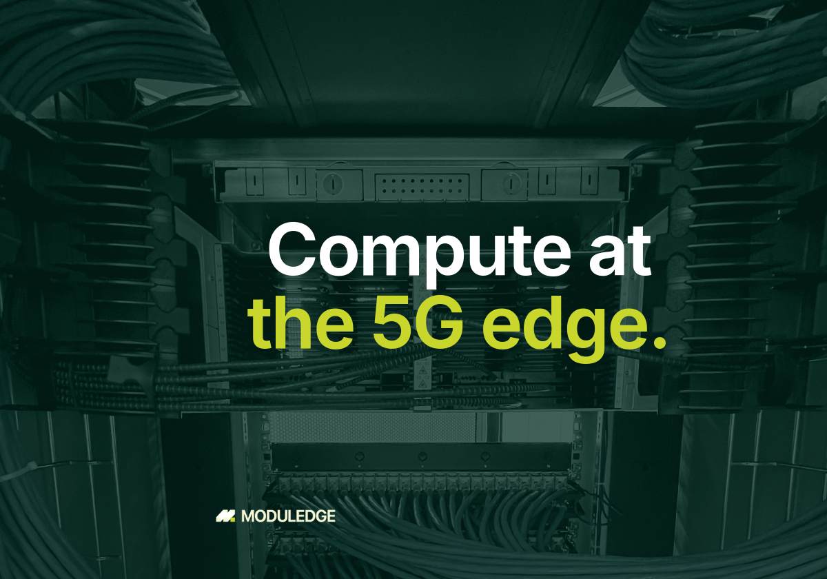 Blue fiber and network cabling routed through an open server rack, with the headline "Compute at the 5G edge."