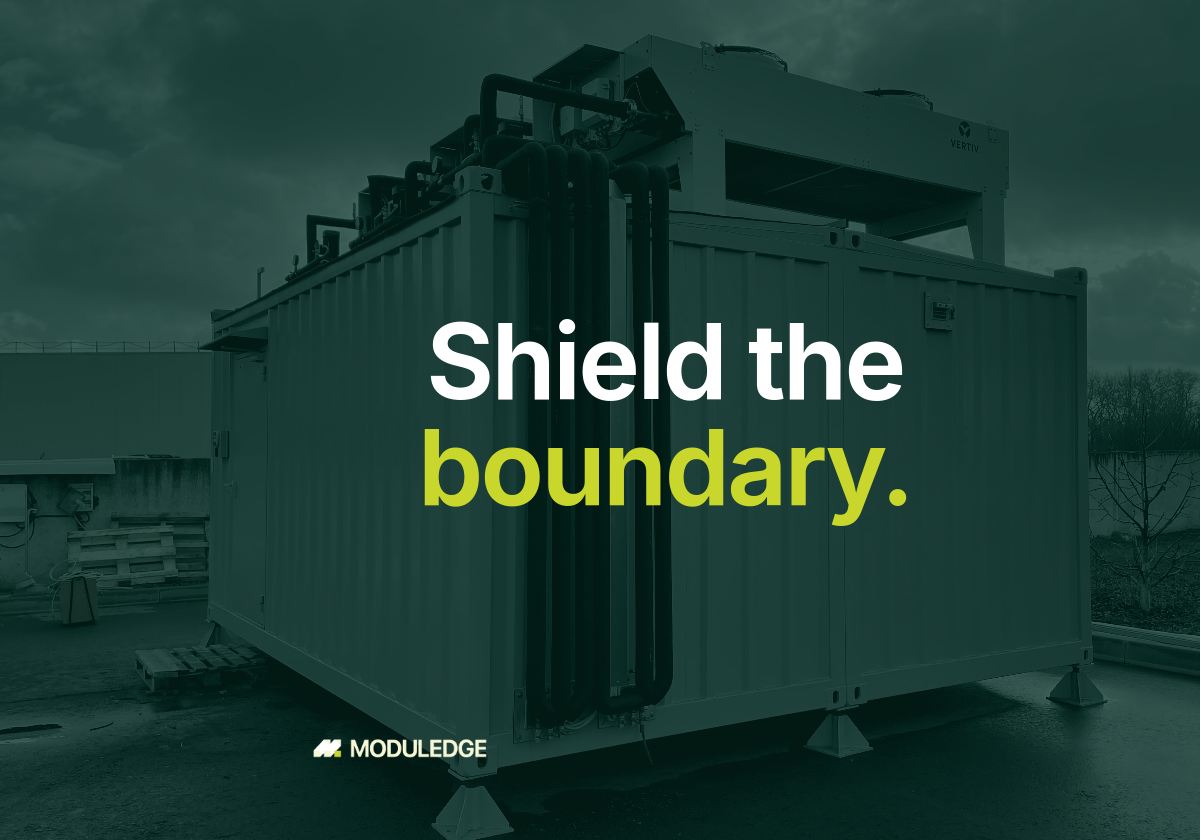 Modular data-center enclosure outdoors on an overcast day, with the headline "Shield the boundary."