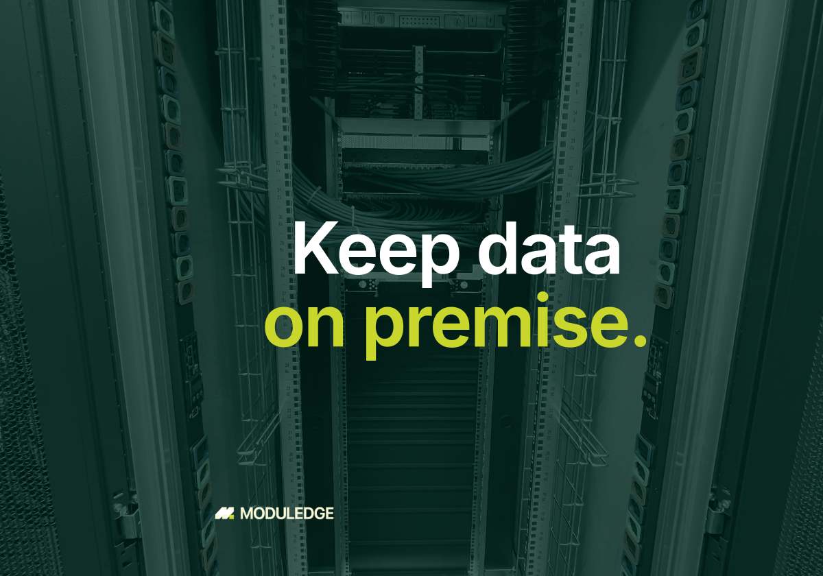 Cable routing below a raised floor in a server room, with the headline "Keep data on premise."