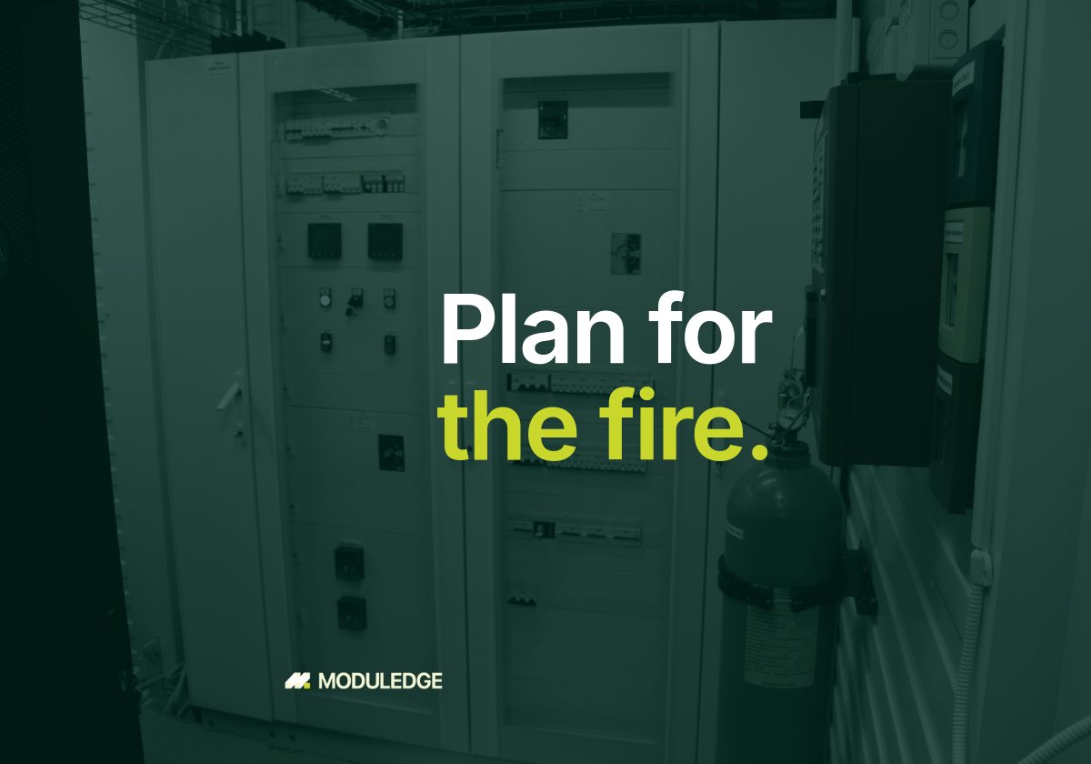 Electrical cabinet and fire-protection equipment inside a modular data-center room, with the headline "Plan for the fire."