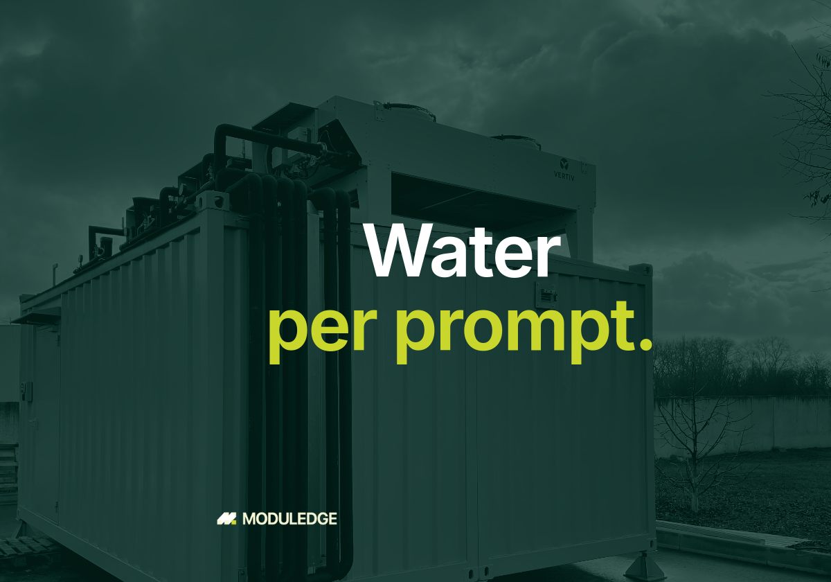 Modular data-center enclosure outdoors on an overcast day, with the headline "Water per prompt."