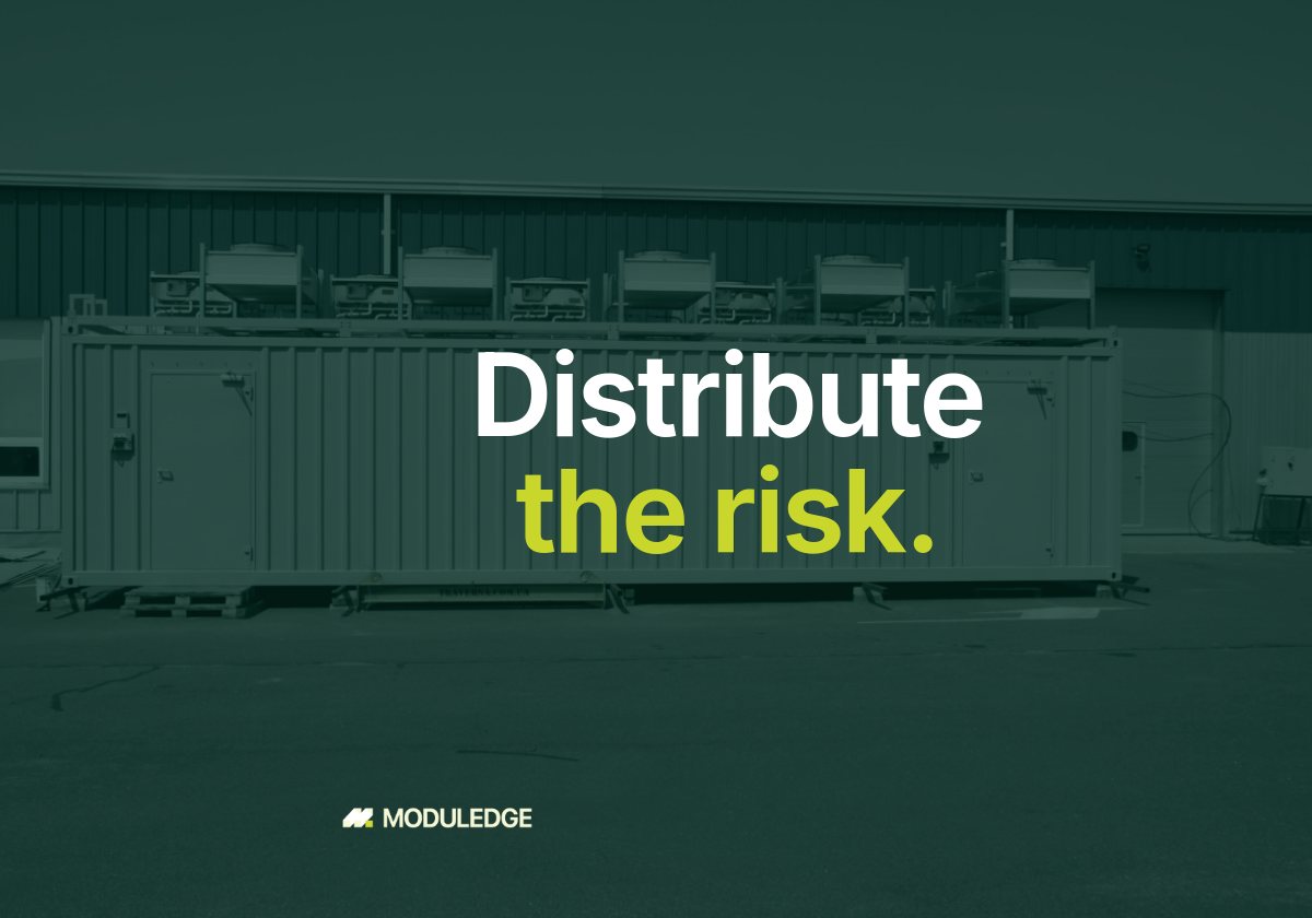 Long side of a white modular data-center container beside an industrial building, with the headline "Distribute the risk."