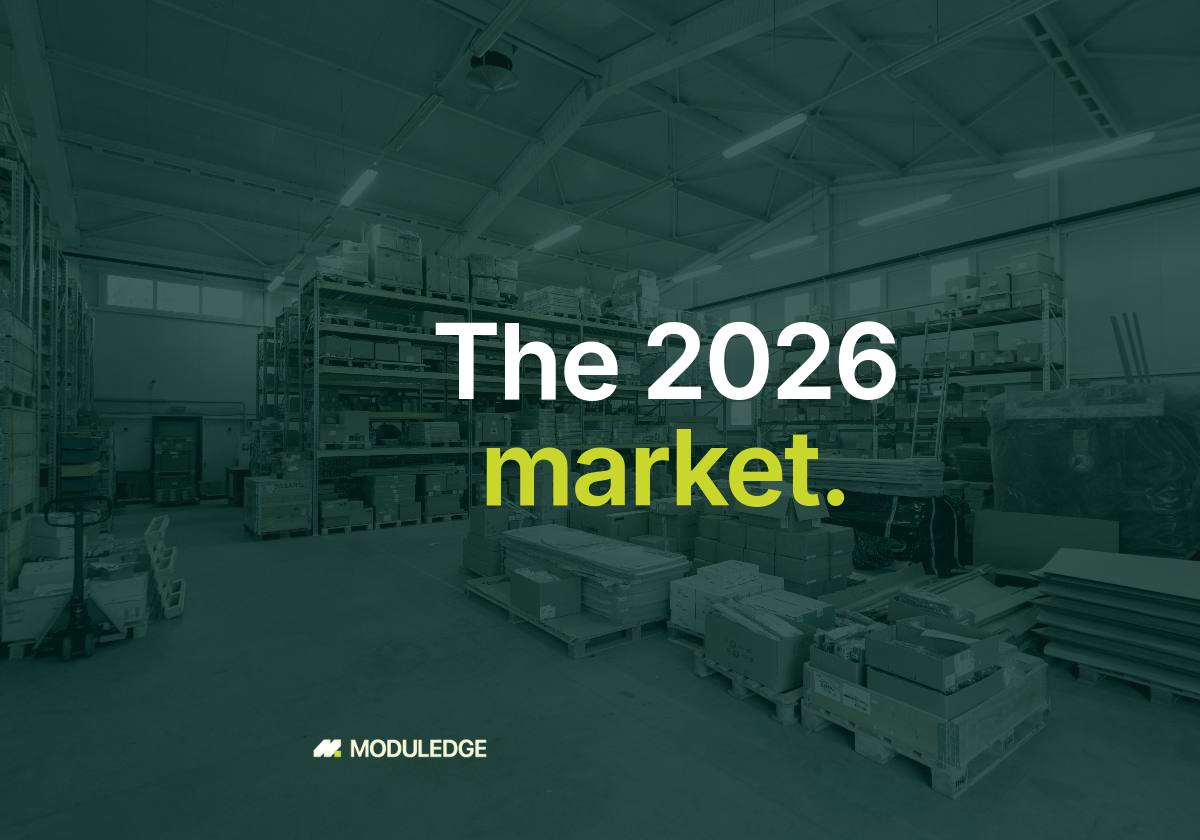 Rows of stocked shelves in an industrial warehouse, with the headline "The 2026 market."