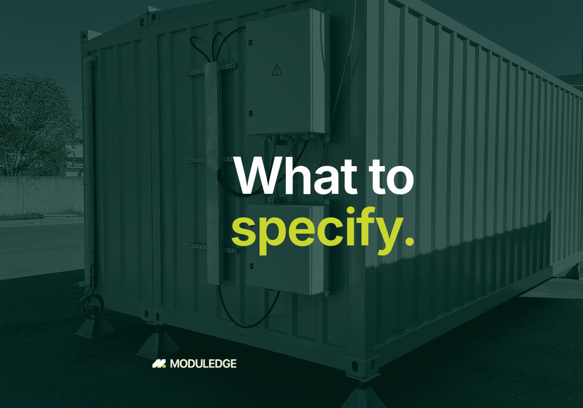 White modular data-center container outdoors with attached cooling equipment, with the headline "What to specify."