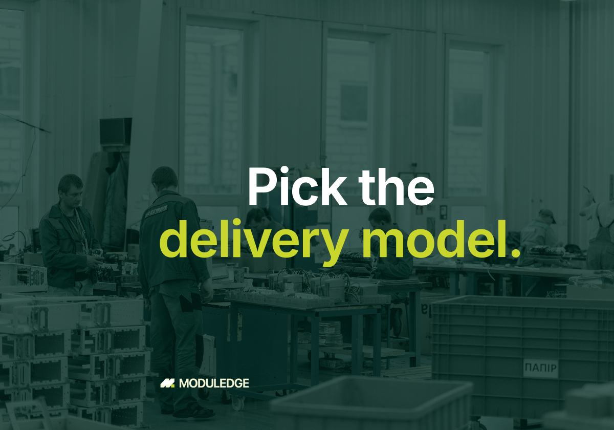 Wide view across an electrical manufacturing workshop, with the headline "Pick the delivery model."