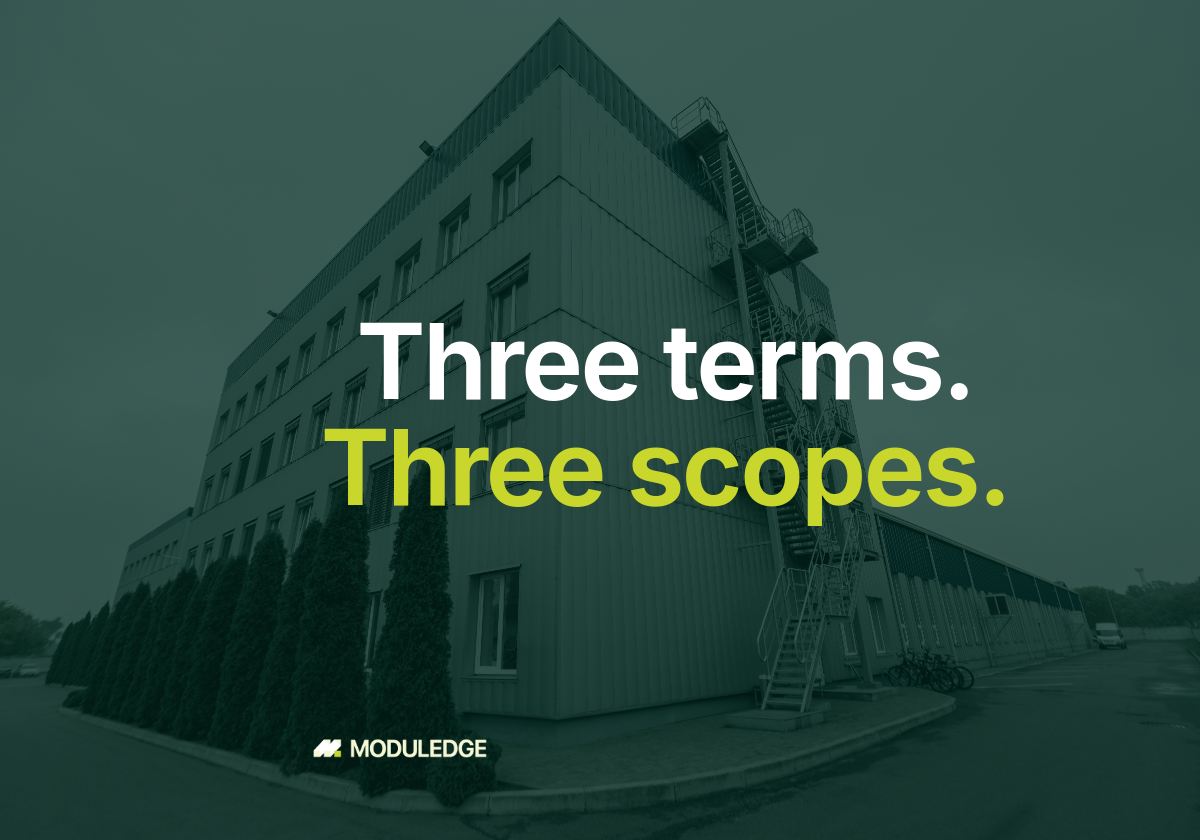 Multi-storey industrial office building with external stairs, with the headline "Three terms. Three scopes."
