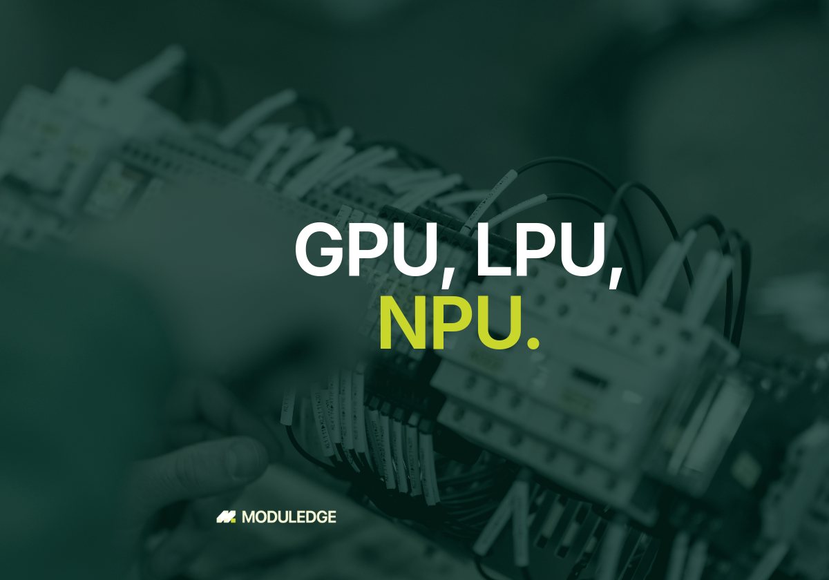 Close-up of hands assembling a small electrical component, with the headline "GPU, LPU, NPU."