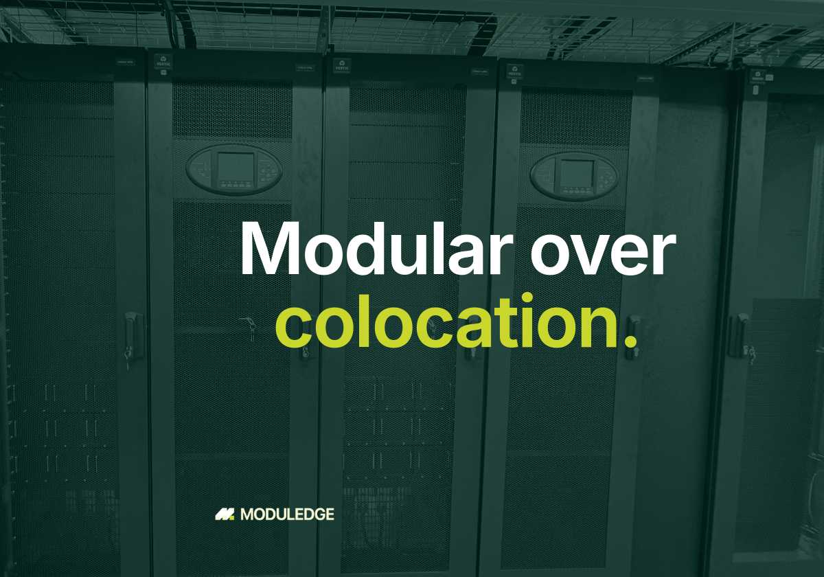 Row of server racks inside a modular data-center room, with the headline "Modular over colocation."