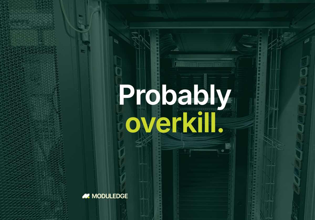 Bundled blue network cables inside a server rack, with the headline "Probably overkill."