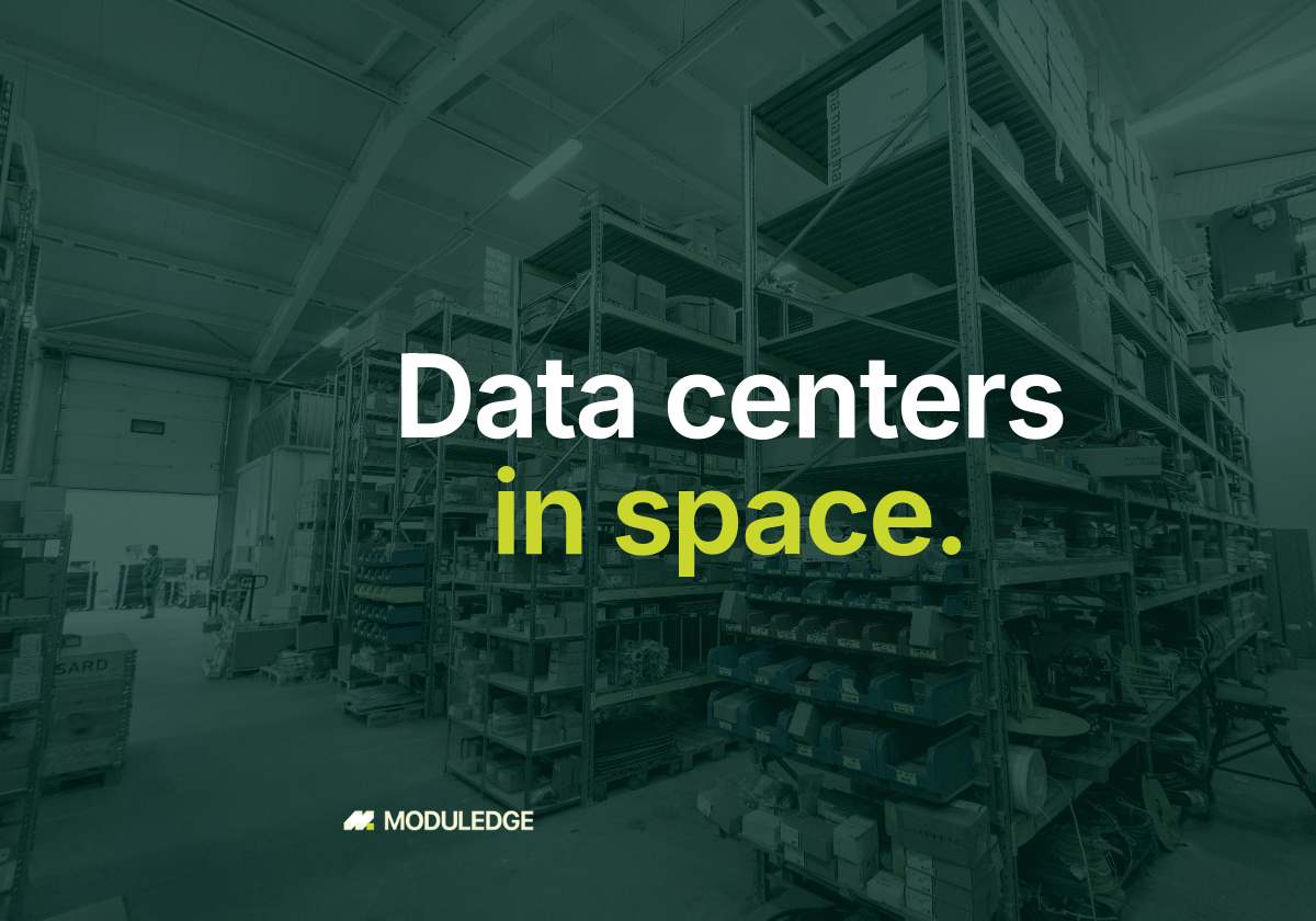 Industrial warehouse racking and stored materials, with the headline "Data centers in space."