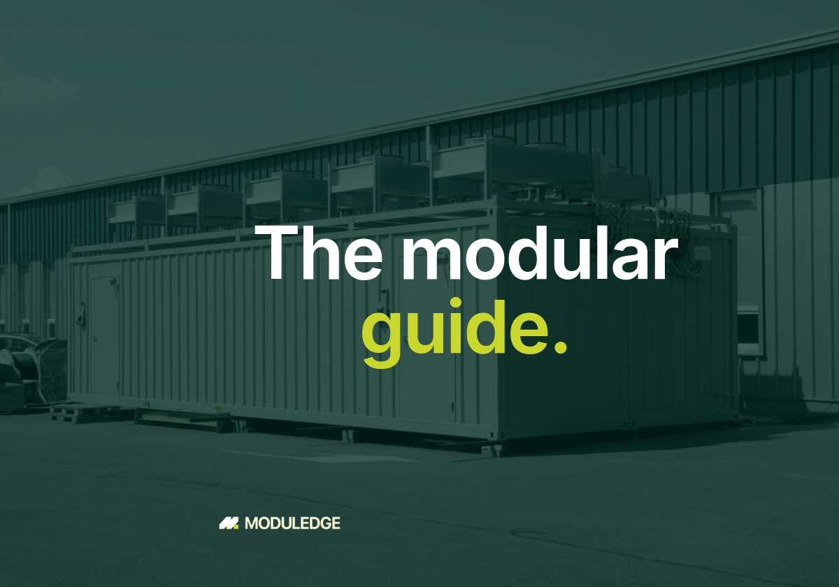 Two white modular data-center containers outside an industrial building, with the headline "The modular guide."