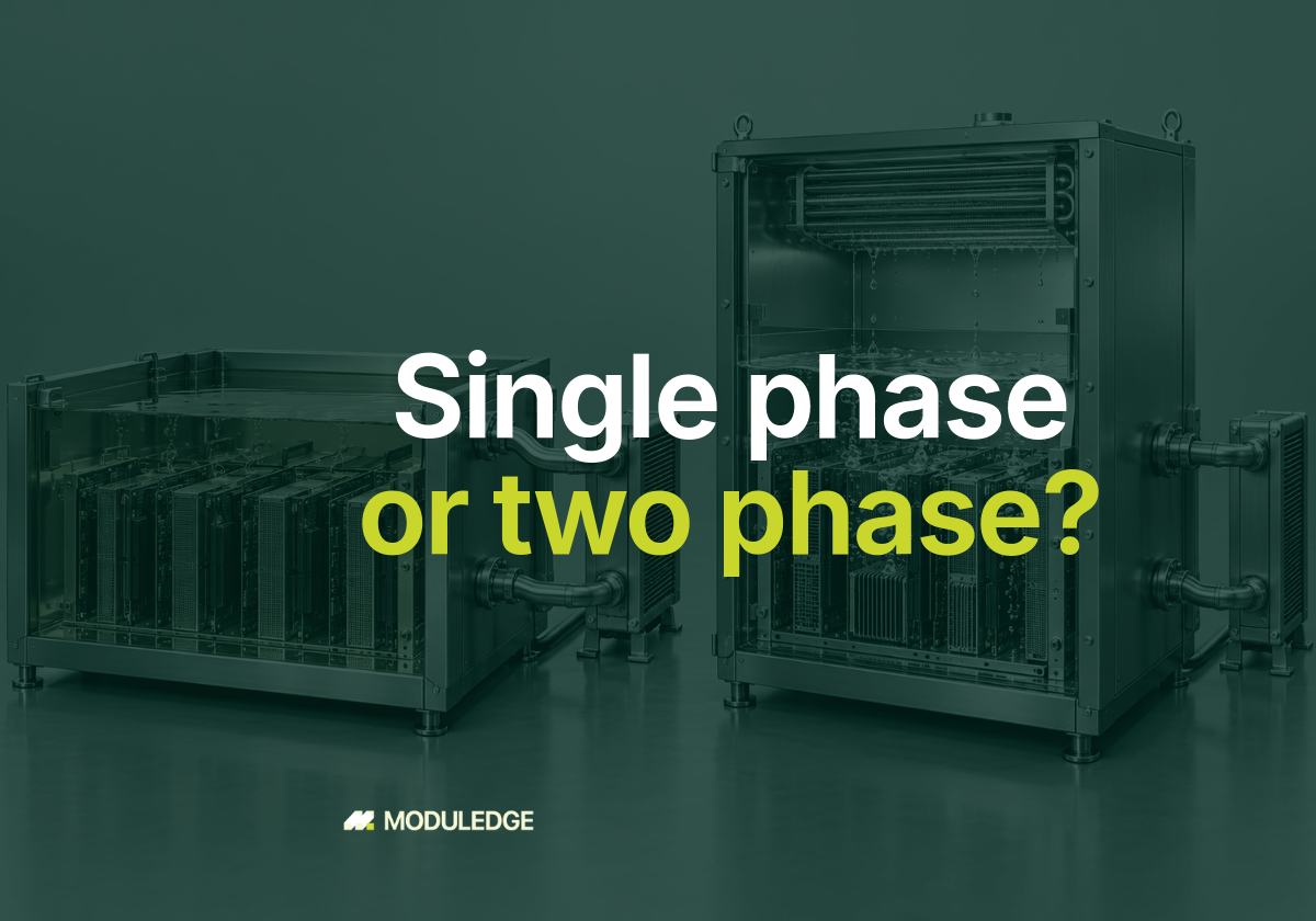 Illustrative cutaway of two immersion tanks: a calm liquid bath on the left and a boiling fluid bath with a condenser above it on the right, with the headline "Single phase or two phase?"