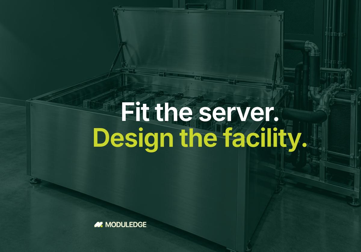 Illustrative open stainless-steel immersion tank with server cassettes in clear liquid and a compact heat-exchanger assembly beside it, with the headline "Fit the server. Design the facility."