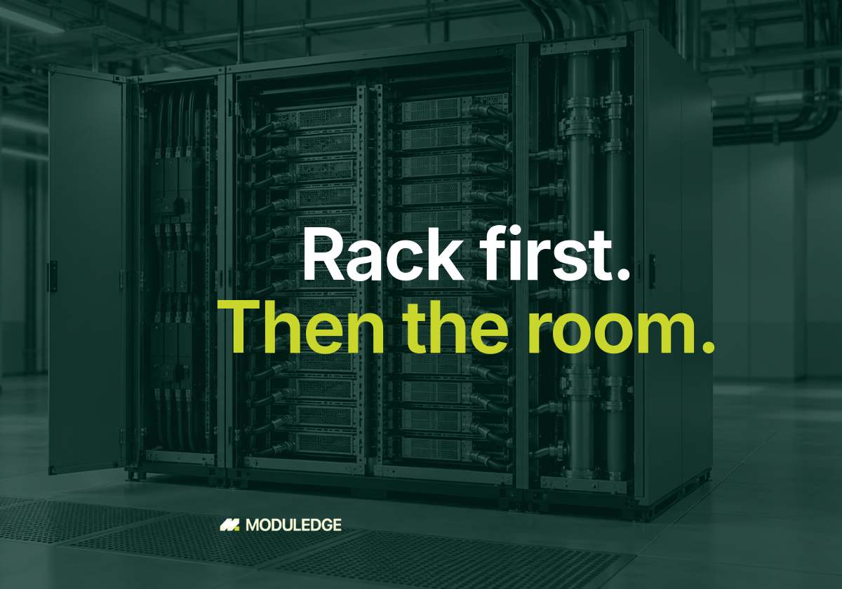 Conceptual illustration of a wide AI server rack with power and liquid-cooling interfaces, with the headline "Rack first. Then the room."