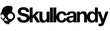 Skullcandy logo with stylized skull icon and text in gray on black background.