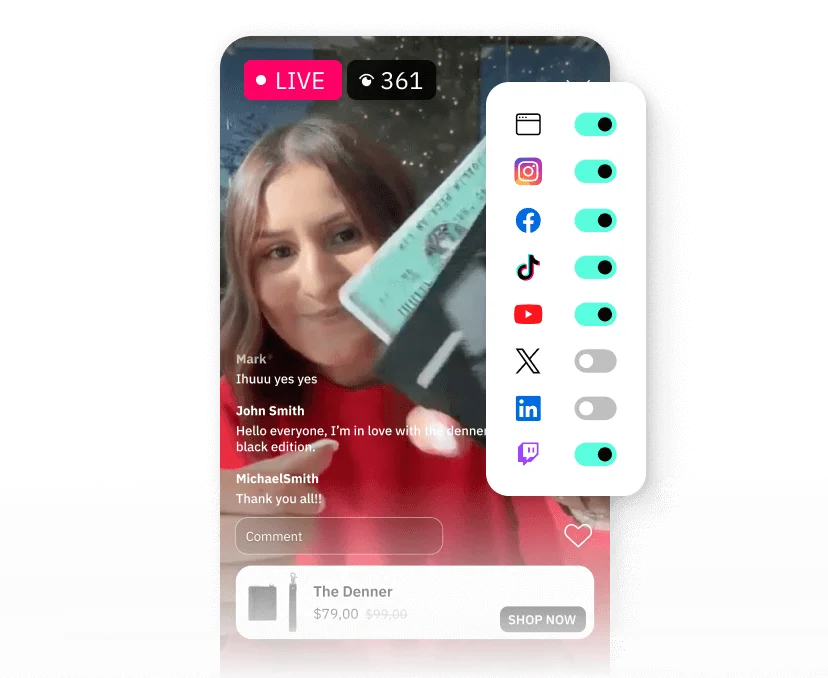 A woman in a red sweater holding a product during a live shopping video with 361 viewers and active social media sharing options.