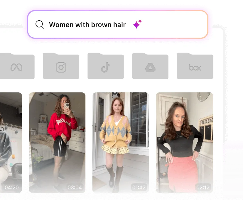 Screenshot of a search bar with the query 'Women with brown hair' and thumbnails of three women with brown hair posing in different outfits below.