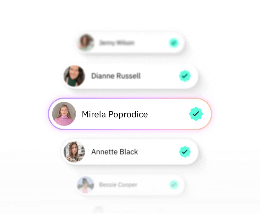 List of people with profile pictures and names, highlighting Mirela Poprodice with a glowing border and a teal checkmark badge next to each name.