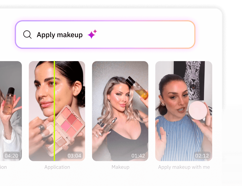 Search bar with text 'Apply makeup' above four video thumbnails showing women demonstrating makeup products and application techniques.