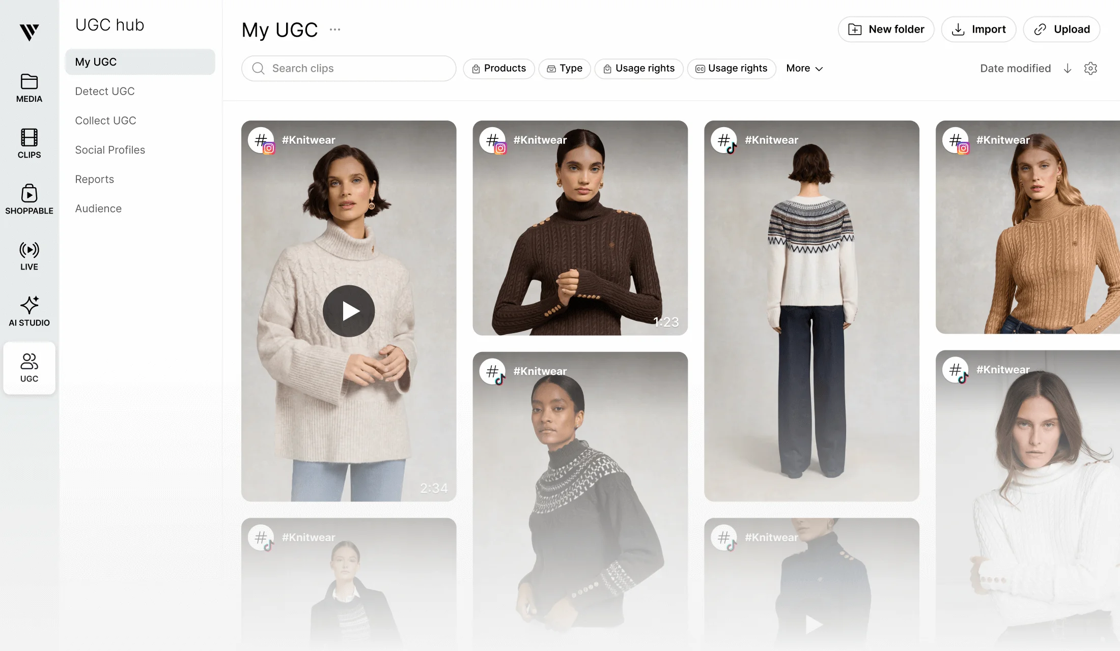 User interface of a UGC hub showing models wearing various knitwear sweaters in a grid layout with options to search, filter, and upload content.