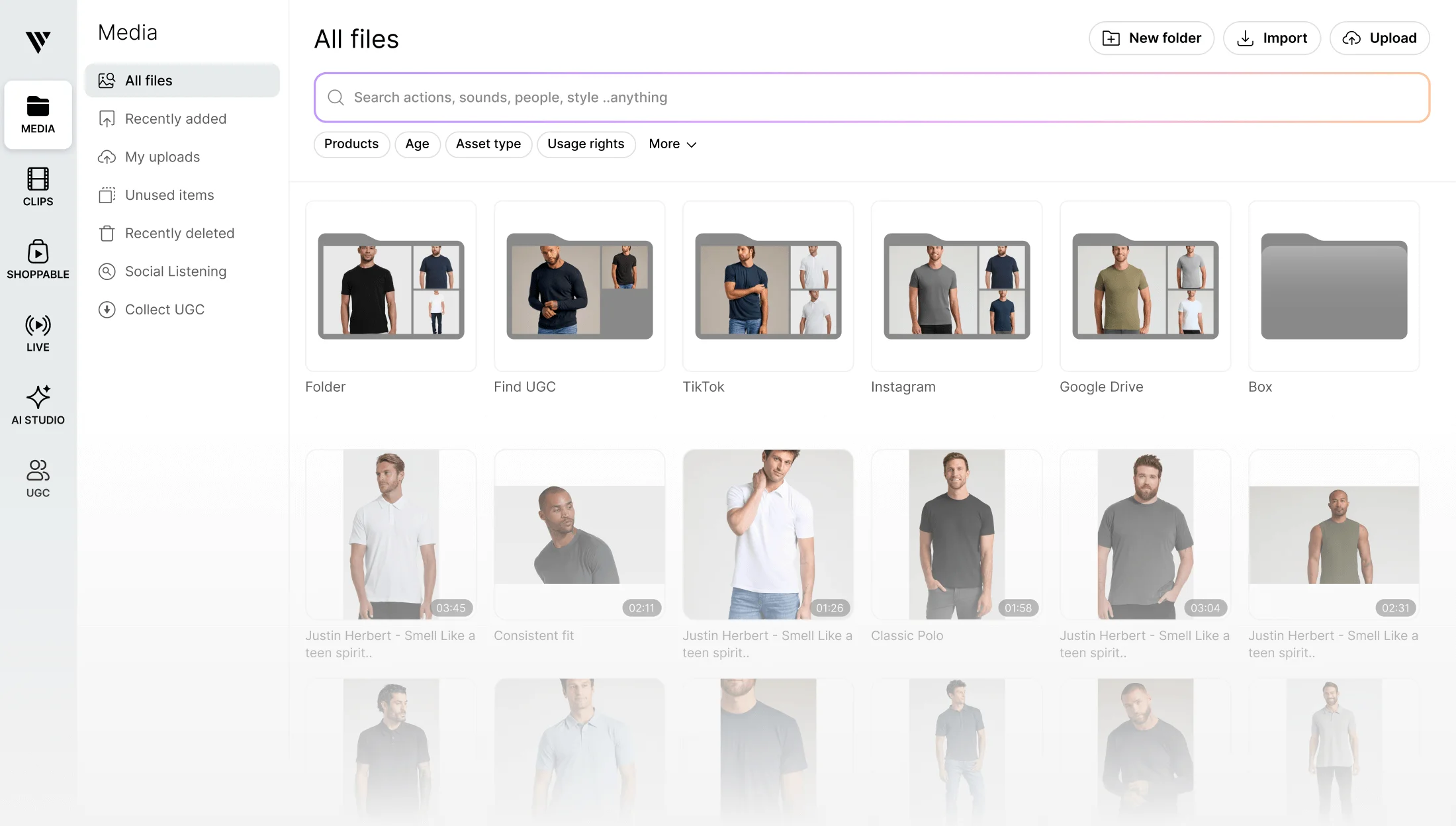 Media management interface showing folders and video thumbnails of men modeling various t-shirts and polos, with search and filter options.