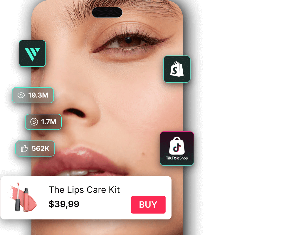 Close-up of a woman's face with icons showing 19.3M views, $1.7M revenue, 562K likes, and logos for Shopify and TikTok Shop alongside a product card for The Lips Care Kit priced at $39.99 with a buy button.