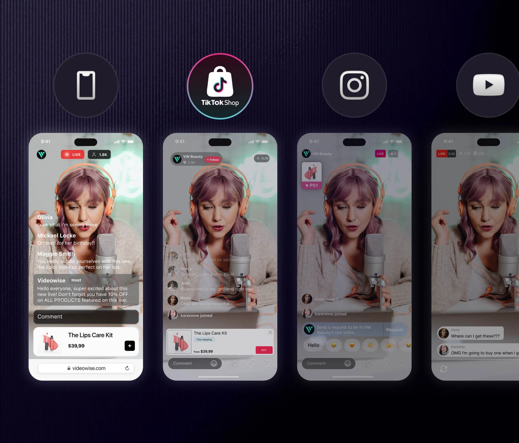 Four mobile screens displaying a woman with purple hair and orange headphones hosting a live beauty product stream with chat and purchase options on TikTok Shop, Instagram, and YouTube interfaces.