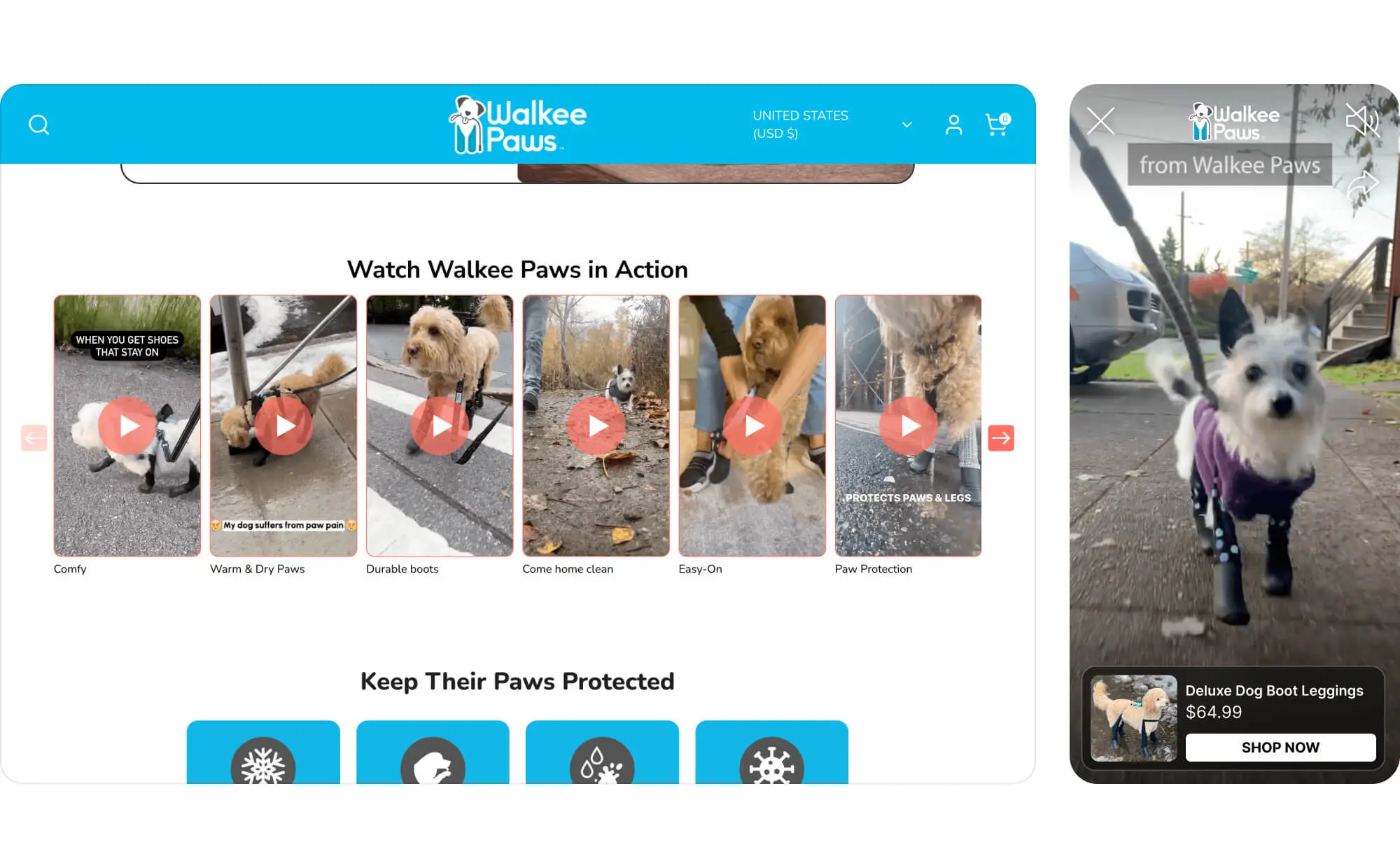 WalkeePaws desktop and mobile shoppable videos preview