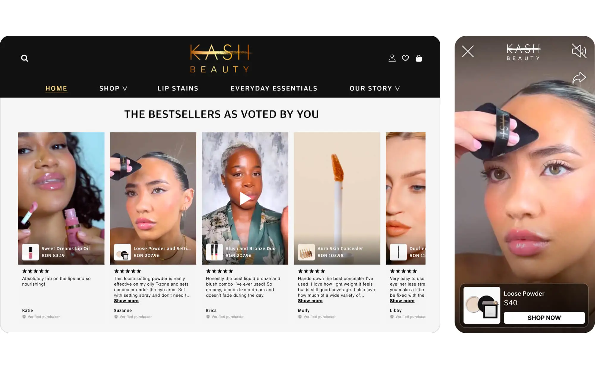 Kash Beauty desktop and mobile shoppable videos preview