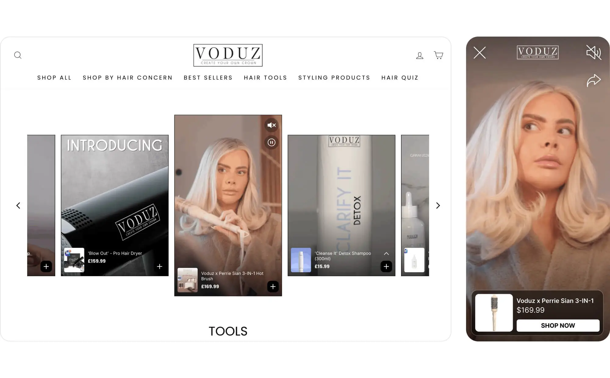 Voduz Hair desktop and mobile shoppable videos preview