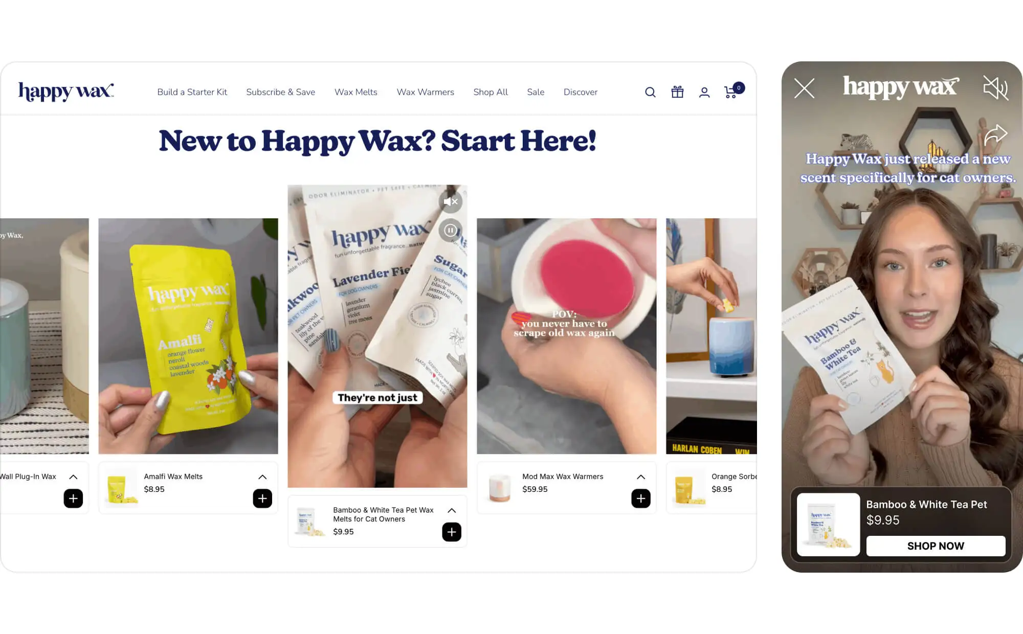 Happywax desktop and mobile shoppable videos preview