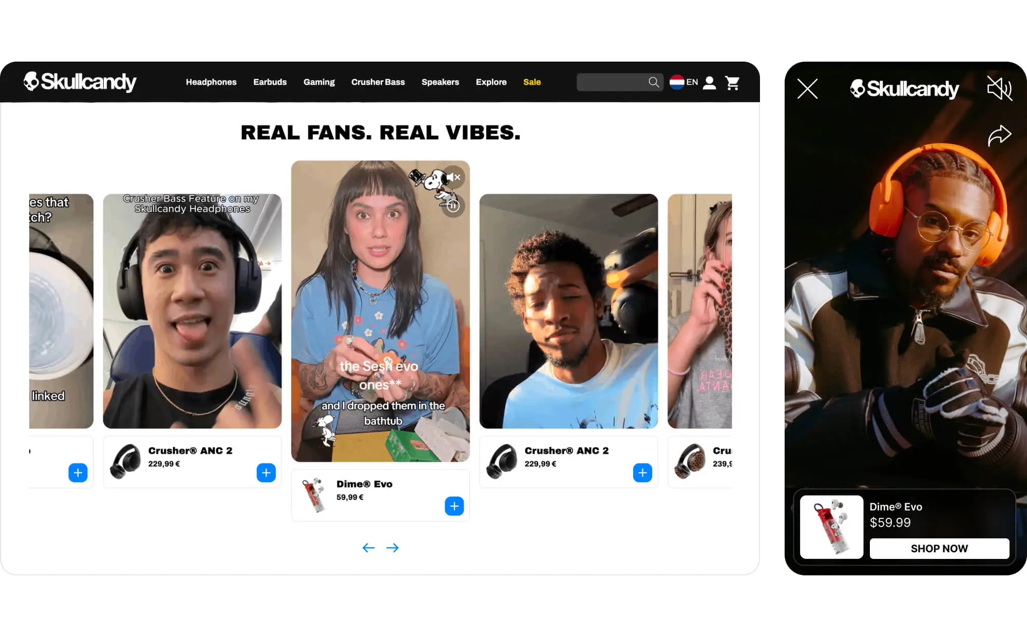 Skullcandy desktop and mobile shoppable videos preview