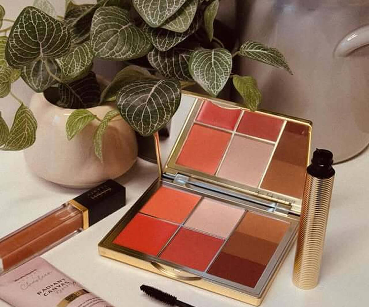 Open makeup palette with nine shades of blush and a mirror, surrounded by lip gloss, mascara, lotion tube, and a green leafy plant in a beige pot.