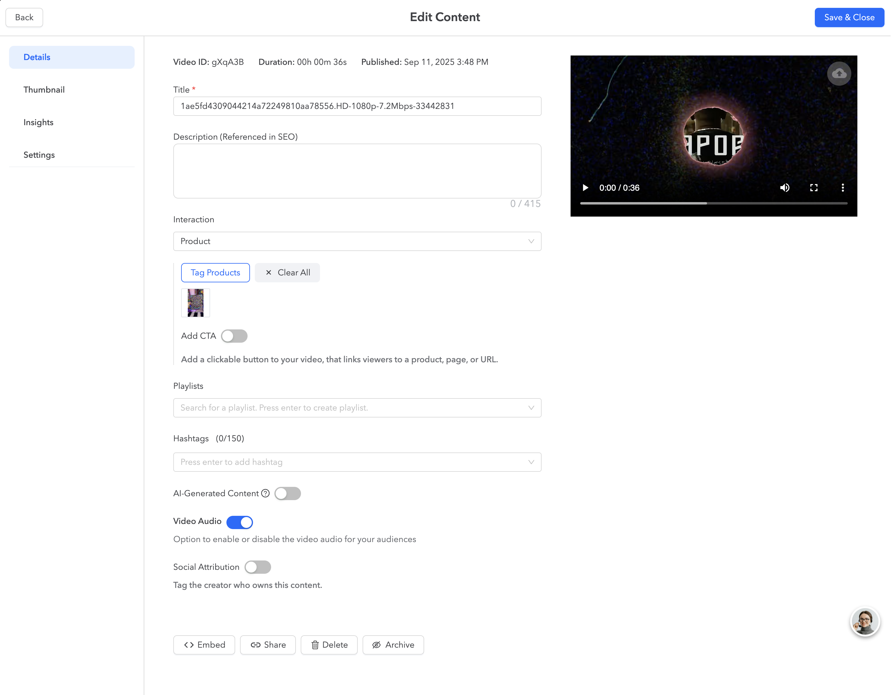 Firework app dashboard interface for video content management