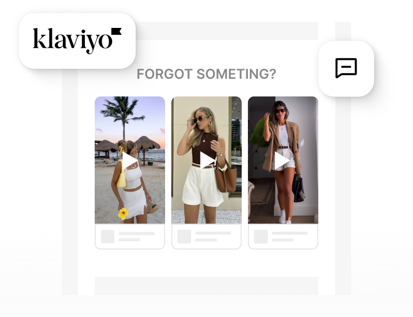 Klaviyo email with shoppable video previews of three women in stylish summer and casual outfits.
