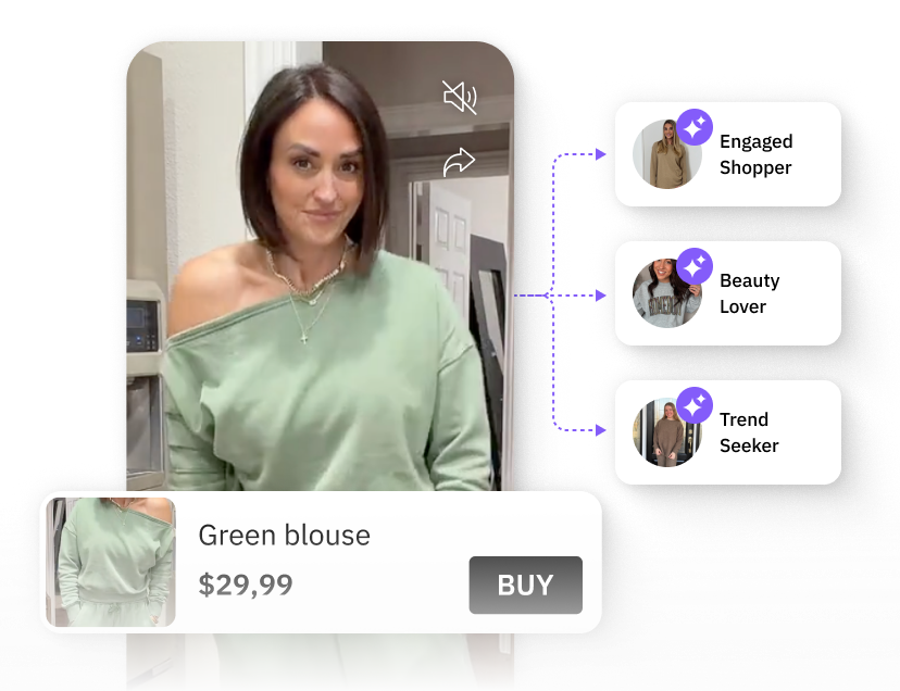 Smiling woman in a video player with profile tags: Engaged Shopper, Beauty Lover, Trend Seeker.