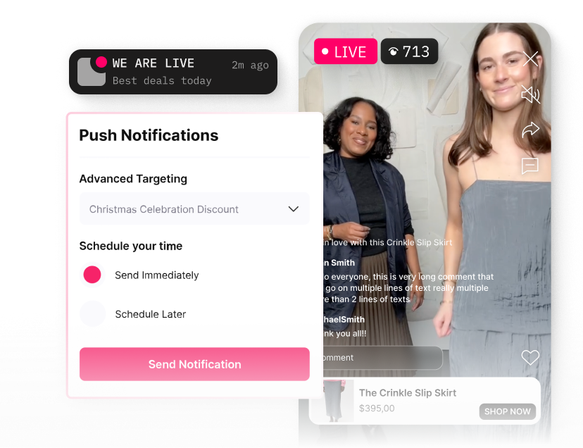 Interface showing live stream shopping with two women, push notification setup, and product detail for a Crinkle Slip Skirt.